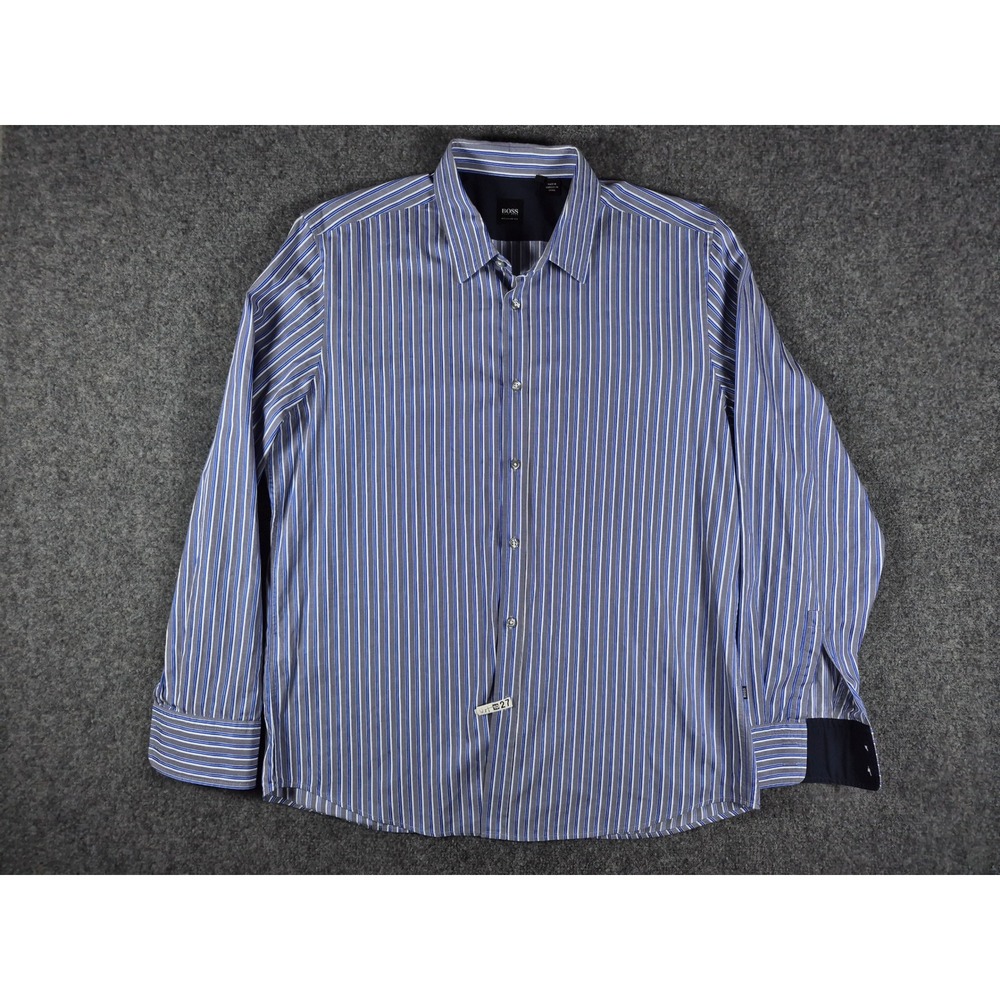 Hugo Boss Mens Regular Fit Striped Button Down Shirt Blue Wht Grey XL Long Slve - Picture 6 of 11